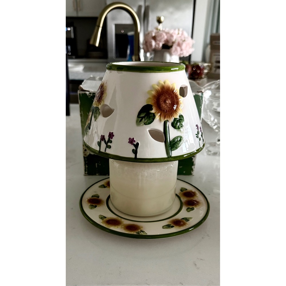 Ceramic Sunflower Candle Shade and 8" Plate Set Floral Heart Cutouts 66305